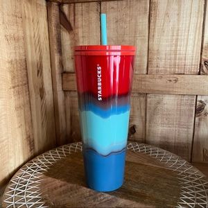 NWT Starbucks Venti 24 oz tumbler in red, blue and turquoise marble waves